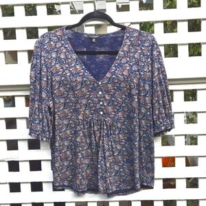 Lucky Brand Navy Blue Floral Vine V-Neck Knit Top